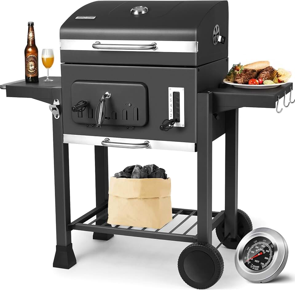 jardinito - Barbecue XXL, charbon, couvercle, roues, thermomètre - jardinito