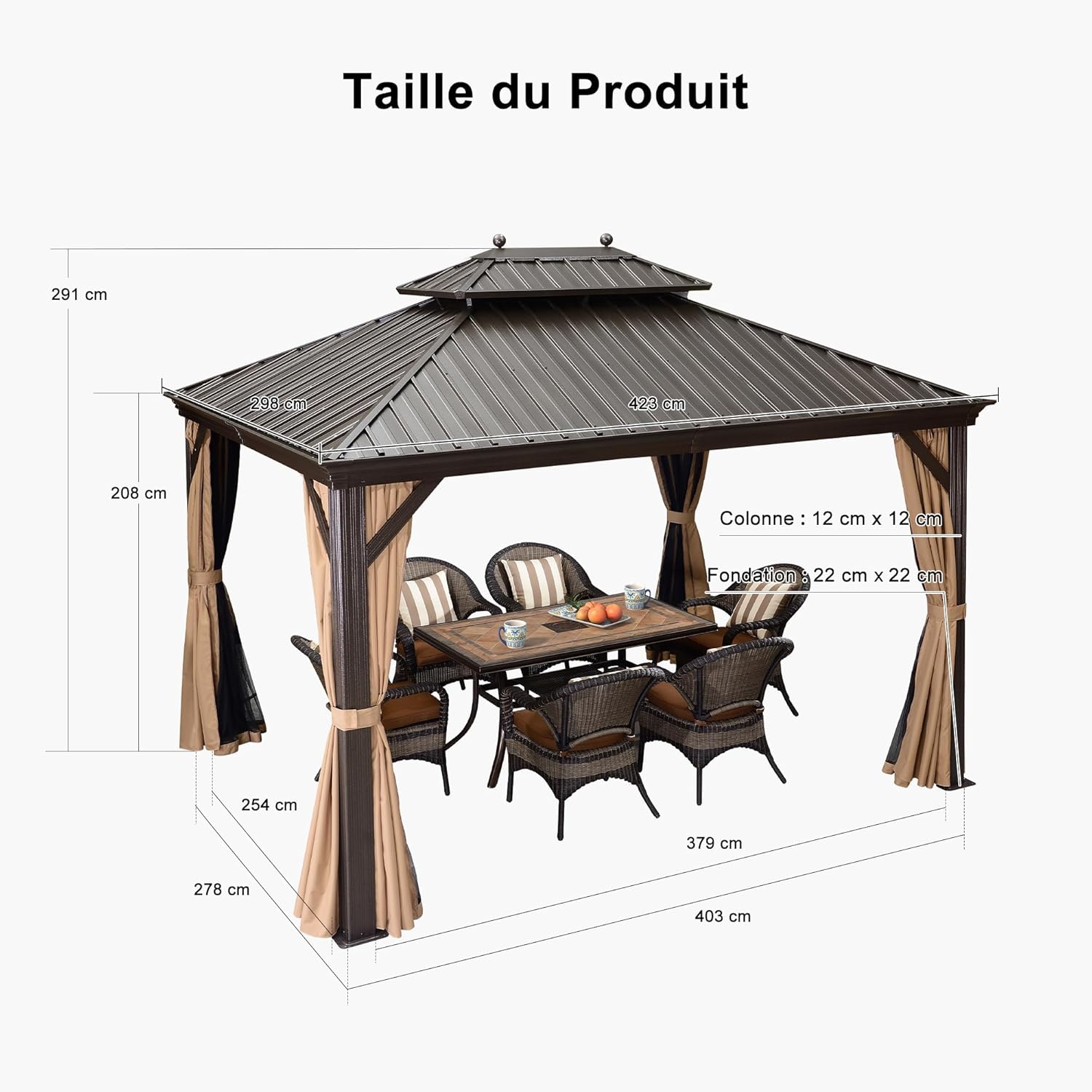 jardinito - pergola extérieure 4,25x3m - alu, LED, rideaux, gouttière
