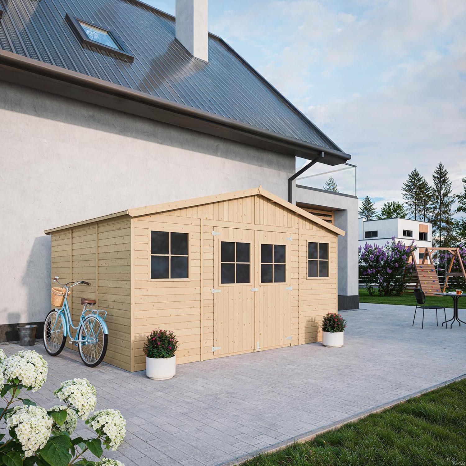 Abri de Jardin en Bois Exterieur avec Plancher IMPRÉGNÉ- Chalet en Pin/épicéa-H246x418x320 cm/12 m²- Construction de Panneaux - Rangement pour vélos, Remise à Outils- jardinito M331+M331G