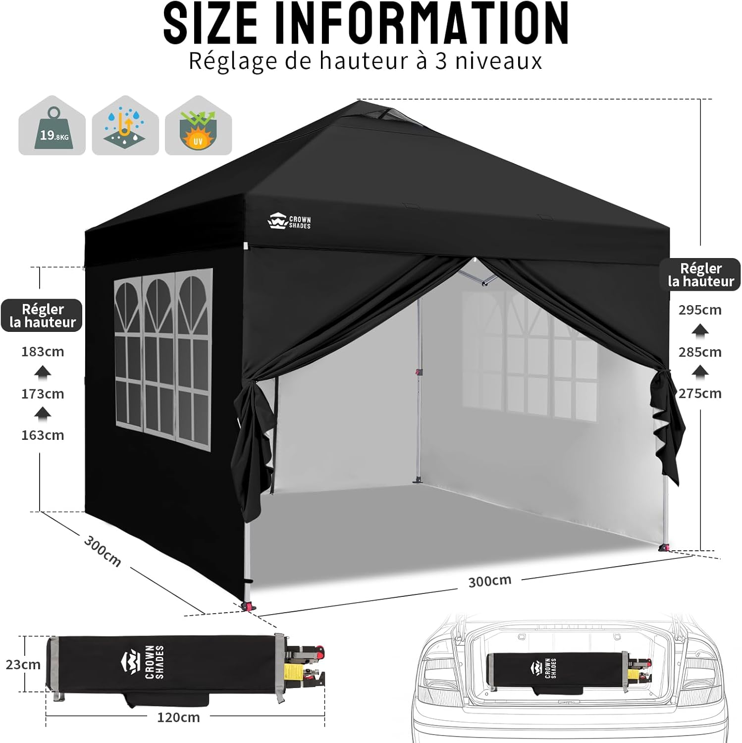 jardinito - Tonnelle pliante 3x3m imperméable, P/Pop-Up, 4 parois amovibles, Sac, UPF 50+ - CN0032