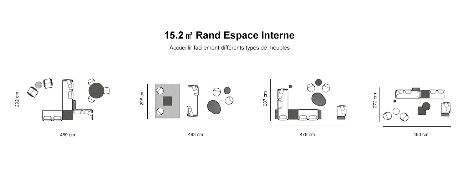 Quatre schémas de plan d'étage étiquetés « Raná Espáco Interno de 15,2 m² », montrant différentes configurations de meubles