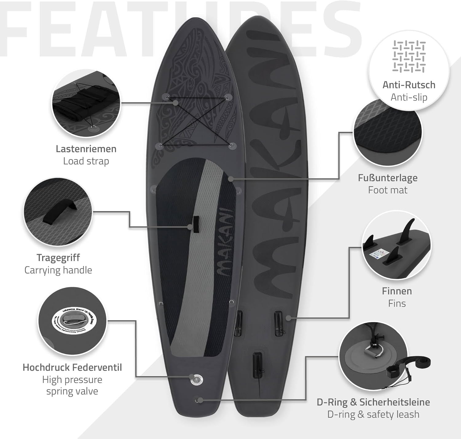 jardinito - Stand Up Paddle Gonflable - 305/308/320/380 cm - PVC, 120/150 kg, épaisseur 10/15 cm