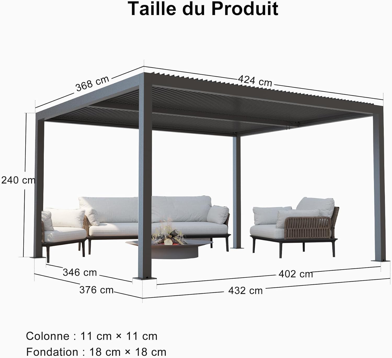 jardinito - Pergola bioclimatique aluminium 4,8x3,68m, LED, lames orientables