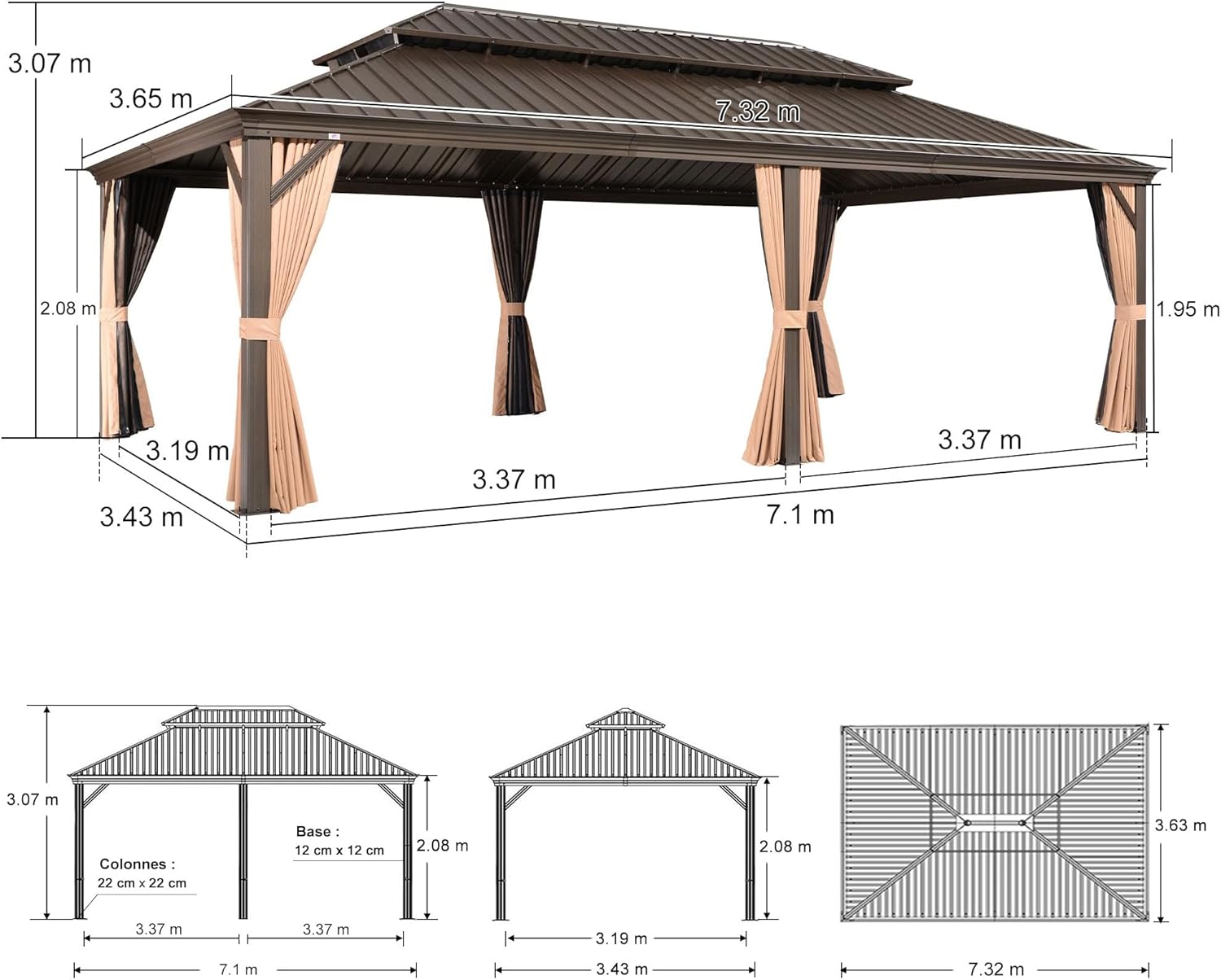 jardinito - tonnelle jardin - 7,32x3,65m - acier galvanisé, rideaux épais, gouttière intégrée