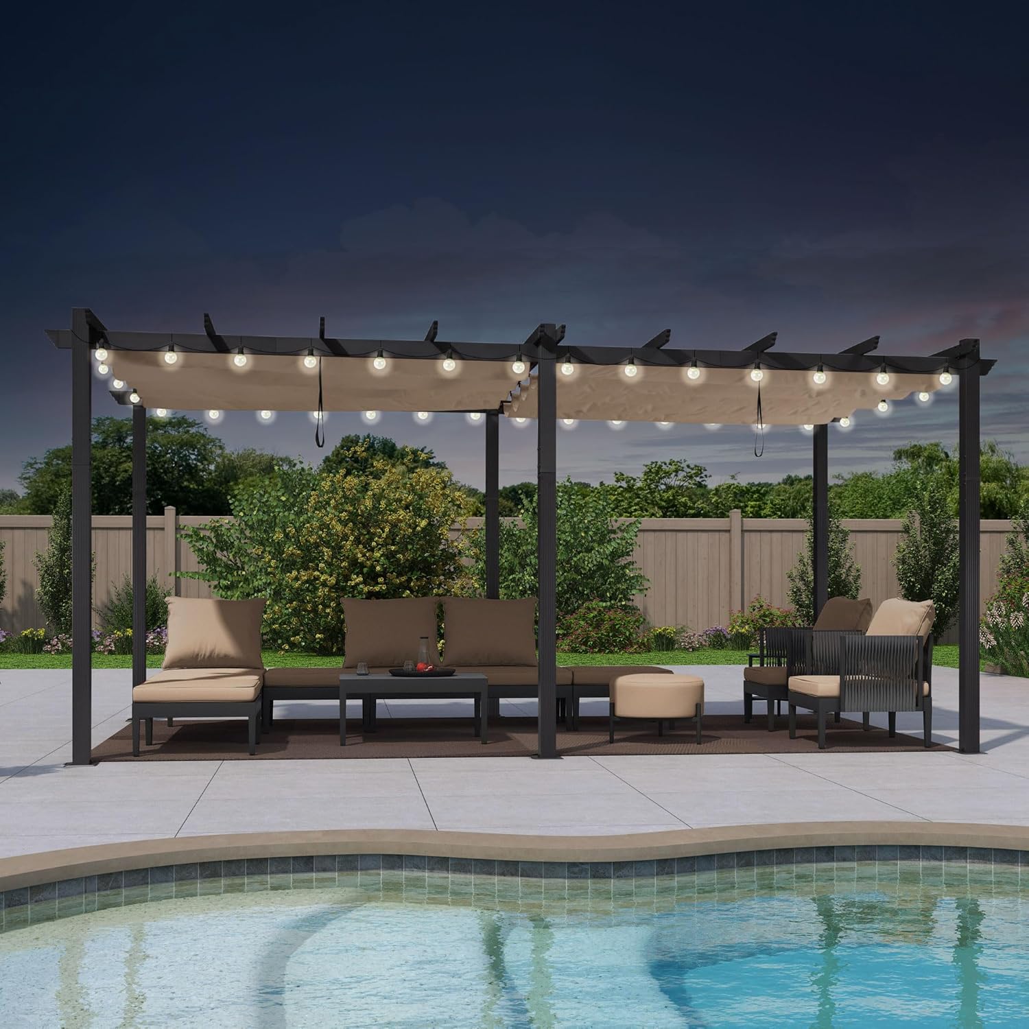 jardinito - Pergola alu 5,5x3m, toit rétractable LED, kaki
