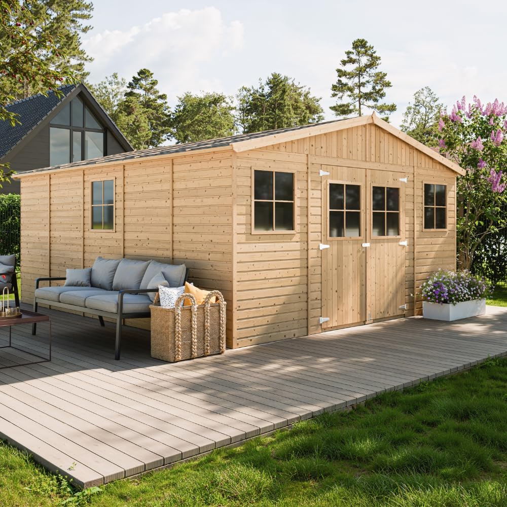 Abri de Jardin en Bois Exterieur avec Les PLANCHERS IMPRÉGNÉ- Maison de Jardin en Pin/épicéa-H246x418x522 cm/20 m²-Construction de Panneaux- Rangement pour vélos, Remise à Outils-jardinito M333 +M333G