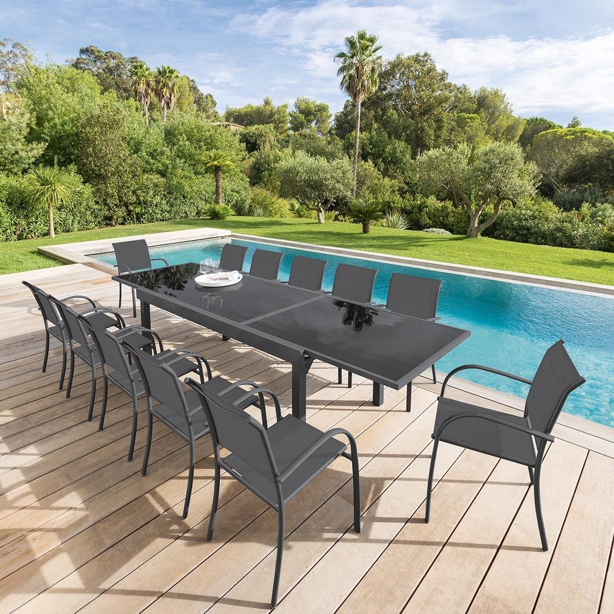 jardinito - Piazza extensible - 185/245x100 cm - aluminium verre trempé 10 places