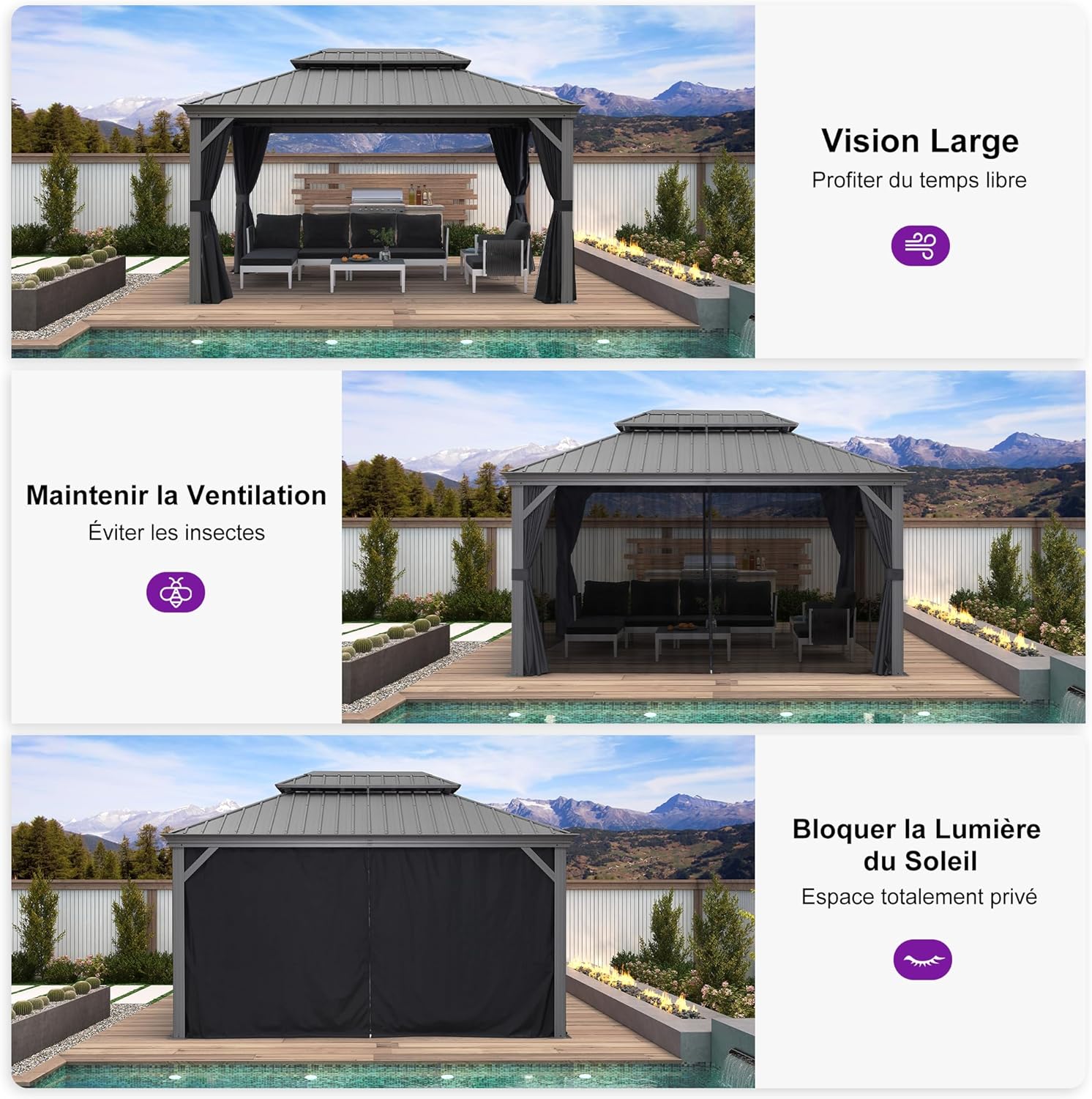 jardinito - Tonnelle de Jardin 3x4,25m - aluminium double toit, imperméable, moustiquaire, rideaux