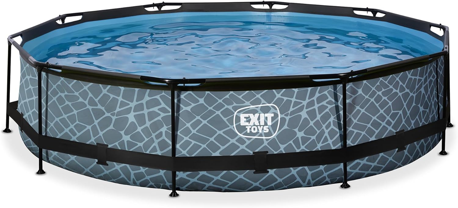 jardinito Piscine Tubulaire Stone - ø360x76cm - Piscine Hors Sol Ronde Grande avec Pompe Filtrante à Cartouche - Entrée Basse - Idéal pour Les Jeunes Enfants - Cadre Stable - Design Unique - Gris