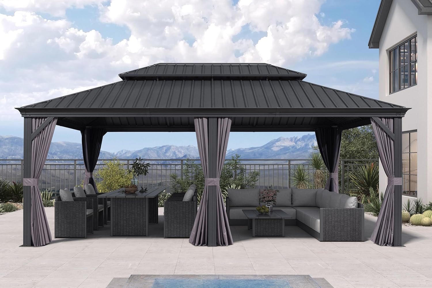 jardinito - Pergola Série Extérieur - 6x4m - Toit acier, moustiquaire, rideaux, gouttière