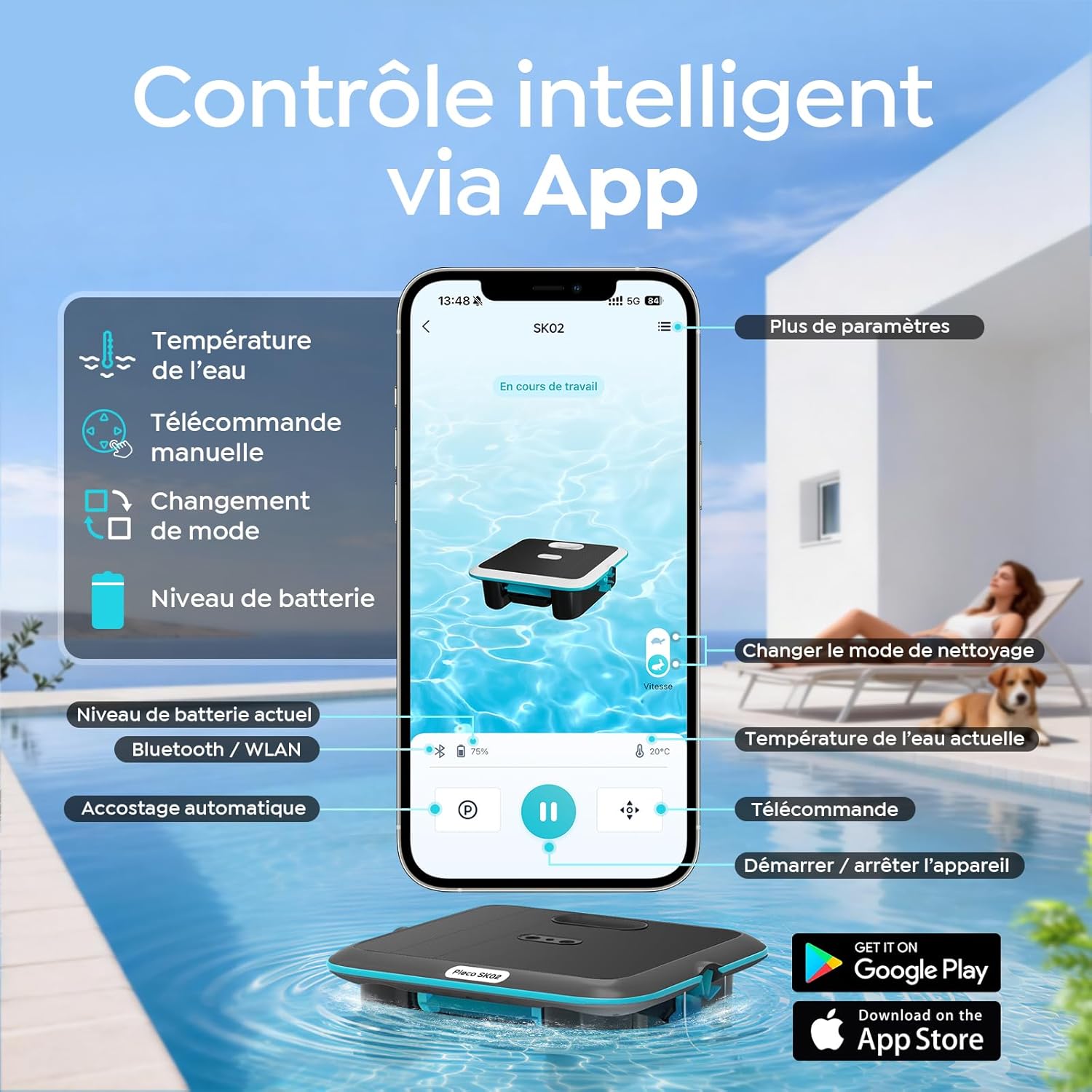 (Upgrade 2026) Pleco SK02 Robot Nettoyeur Skimmer Solaire de Surface Piscine, Robot Piscine sans Fil, Double Recharge, Sonde de Température, Contrôle App, Skimmer Piscine Hors Sol Automatique 24/7
