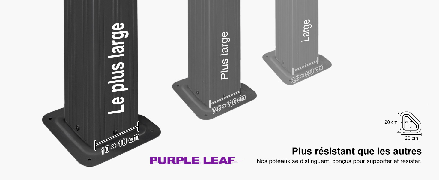 Trois supports verticaux avec le texte « Le plus large » sur les côtés. Sur la base, on peut lire « jardinito ». Le texte français indique que le produit est plus résistant que les autres. Image monochrome.