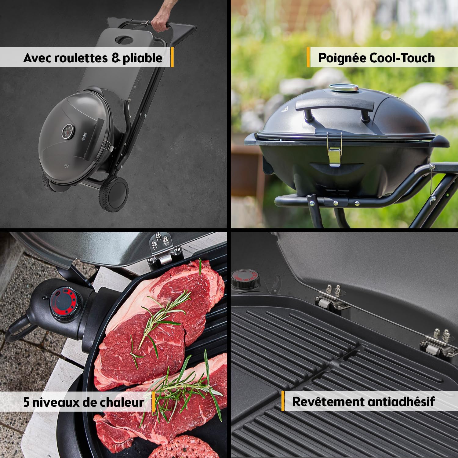jardinito - Barbecue 2-en-1 pliable 2400W, couvercle, chariot, thermomètre - TZSFA5350-6