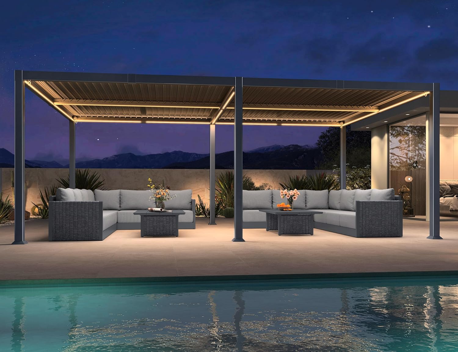 jardinito - Pergola bioclimatique - 4x6m - alu lames LED gris
