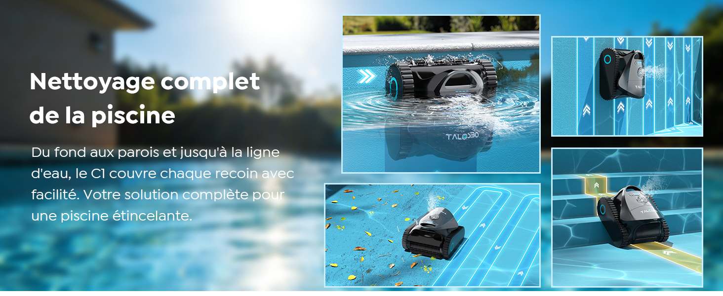 Le texte indique « Nettoyage complet de la piscine ». Publicité sur le nettoyage de piscine montrant trois images d'un robot nettoyeur de piscine en action sous l'eau avec du carrelage bleu visible.