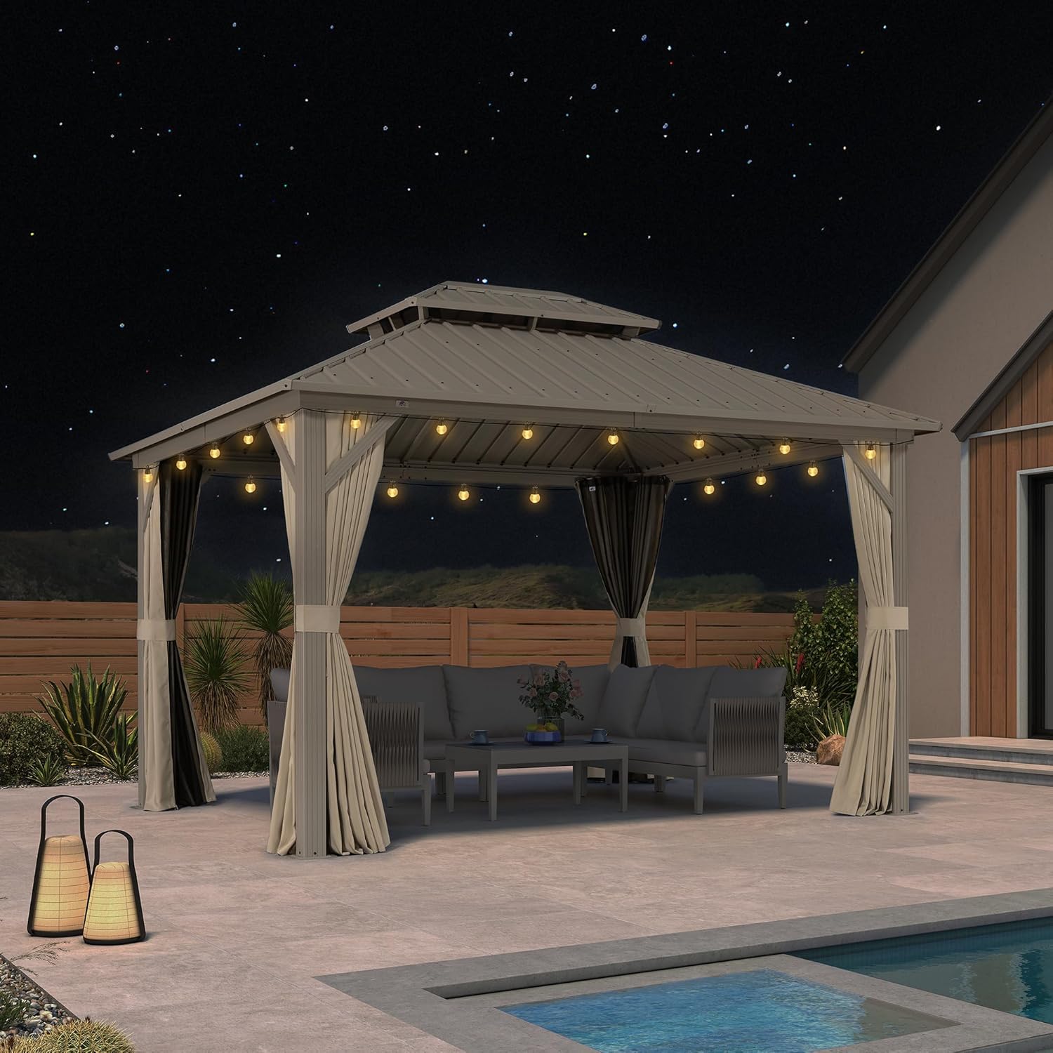 jardinito Tonnelle de Jardin Extérieur 3,65 x 3 m avec Éclairage Extérieur, Pergola Aluminium à Toit Rigide en Acier Galvanisé, Pavillon Imperméable pour Camping, Fête, Barbecue, Champagne