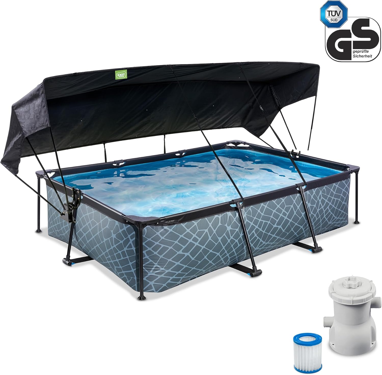 jardinito Piscine Stone avec Voile d'Ombrage - 300x200x65cm - Piscine Hors Sol Rectangulaire avec Pompe Filtrante à Cartouche - Protection Optimale Contre Les Rayons UV - Entrée Basse - Gris