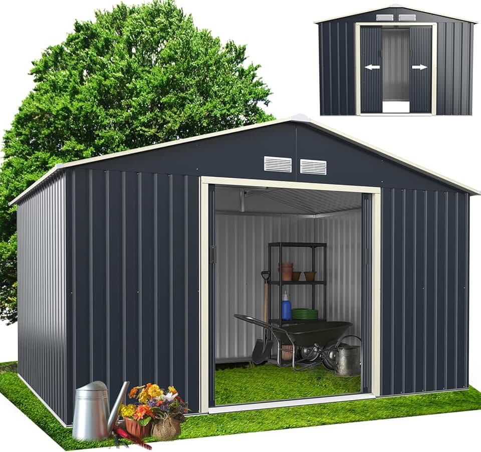 jardinito - Abri de jardin métal - 340x255x210cm - porte coulissante, toit pente, extérieur, résistant - KX7177KV+FR
