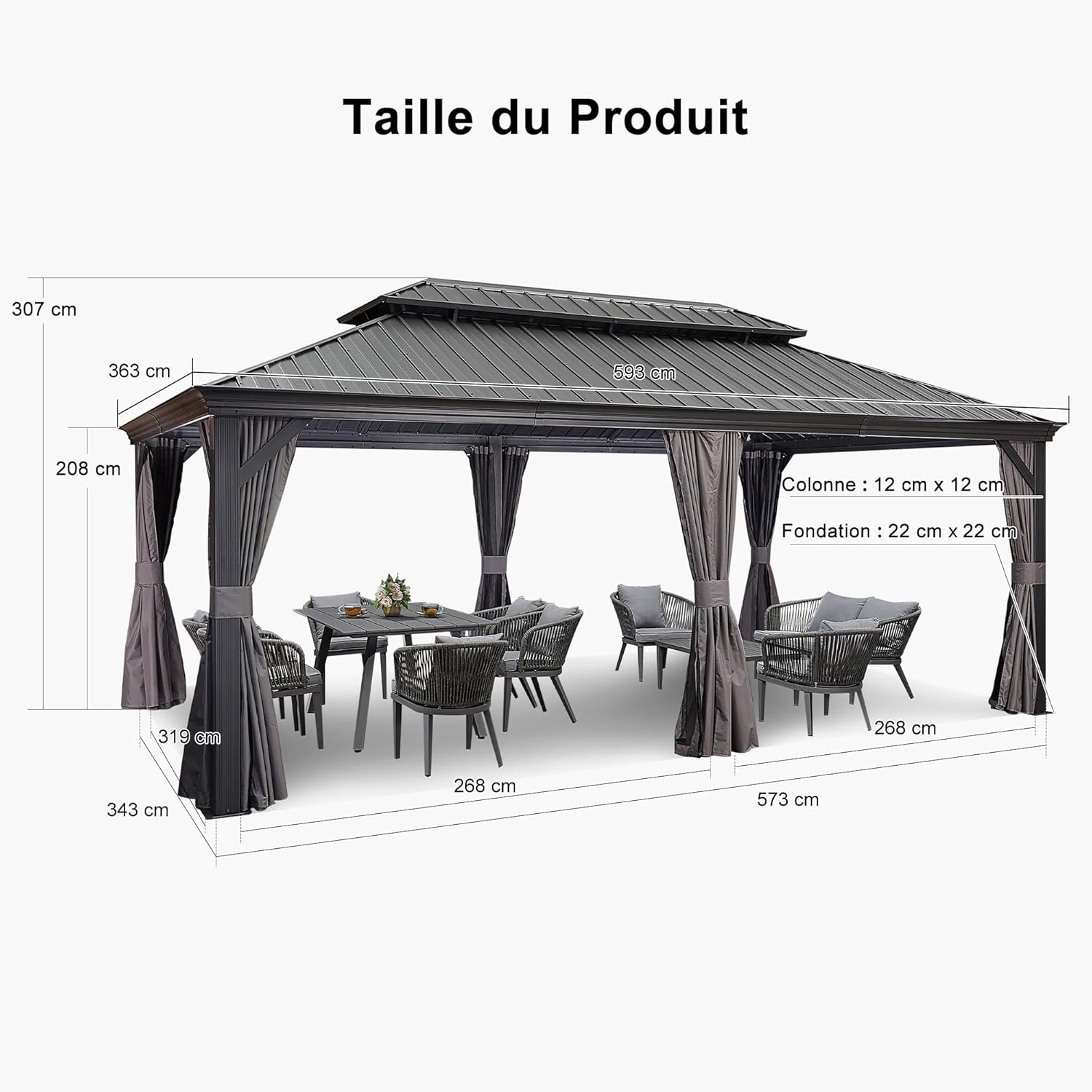 jardinito - Pergola double toit acier - 6x3,65m - moustiquaire, rideaux, gouttière, poteaux renforcés