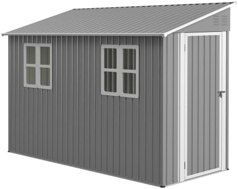 Abri en métal de 4 x 10 pieds avec kit de sol, toit en appentis avec double porte et 2 fenêtres, abri stable pour jardin, terrasse, cour, environ 1,2 x 3 m, gris