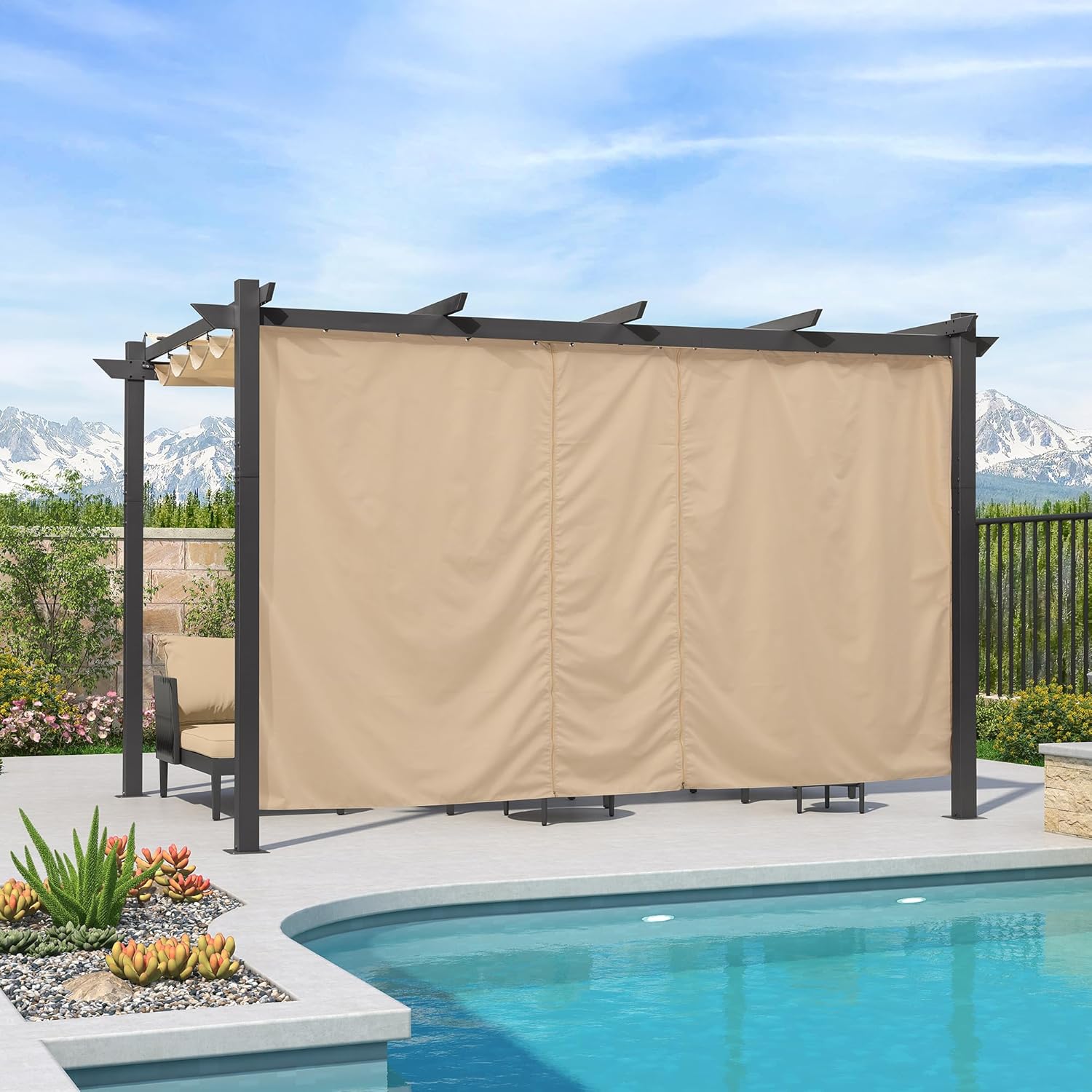 jardinito - pergola aluminium - 4x3m - rideau, toit rétractable, kaki