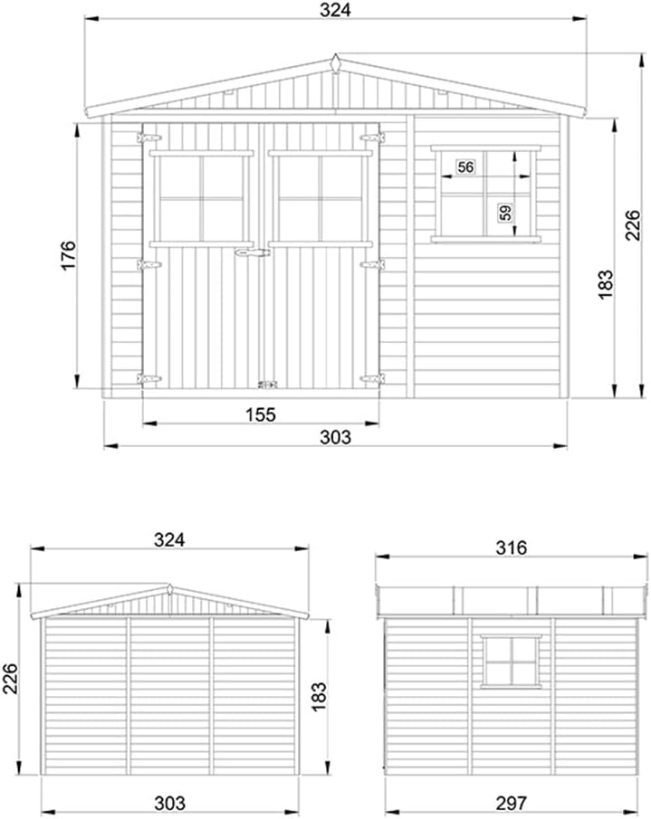 ABRI de Jardin en Bois Exterieur avec Les PLANCHERS IMPRÉGNÉ - Cabane de Jardin en Pin/épicéa- H226x316x324 cm/9 m²-Construction de Panneaux- Rangement pour vélos, Remise à Outils- jardinito M335+M335G