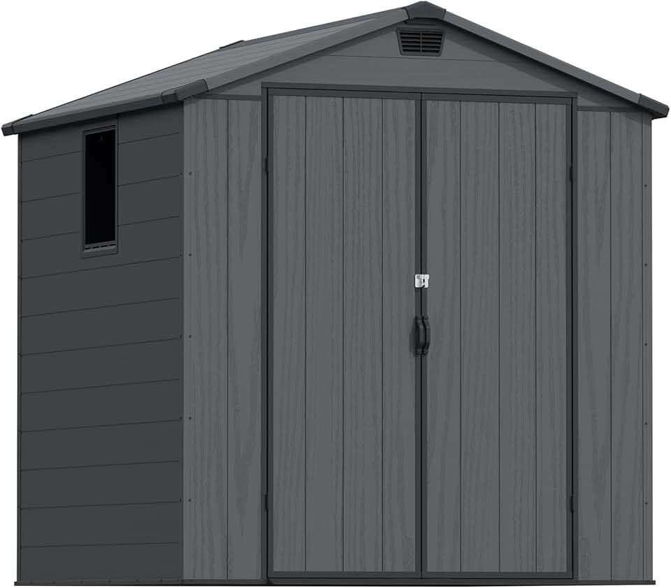 jardinito Abri de jardin extérieur en plastique avec double portes verrouillables et toit en apex – Abri de jardin pour outils de terrasse, abri pour vélo, poubelle – Résistant aux intempéries et à la
