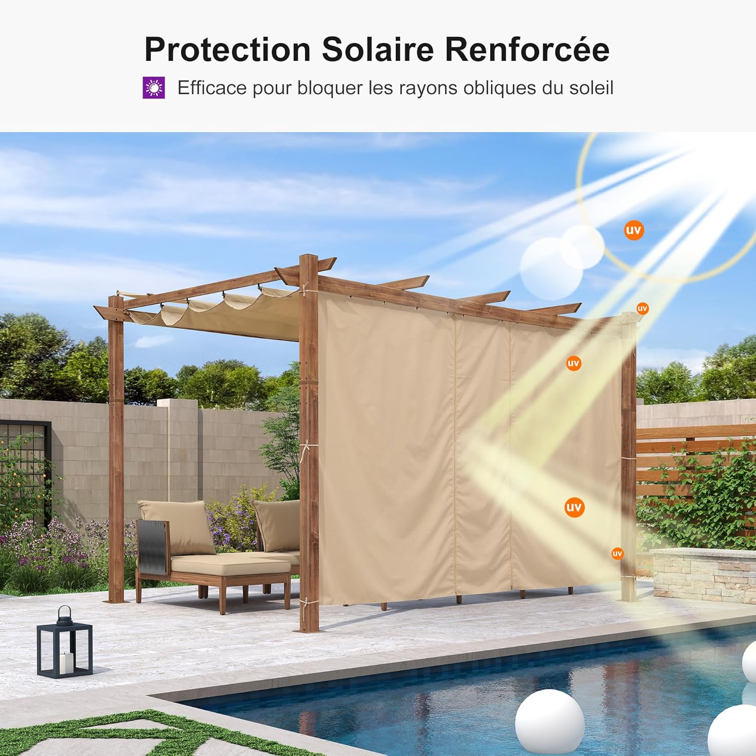 jardinito - Pergola alu finition teck 4x3m - toile rétractable, rideau, kaki
