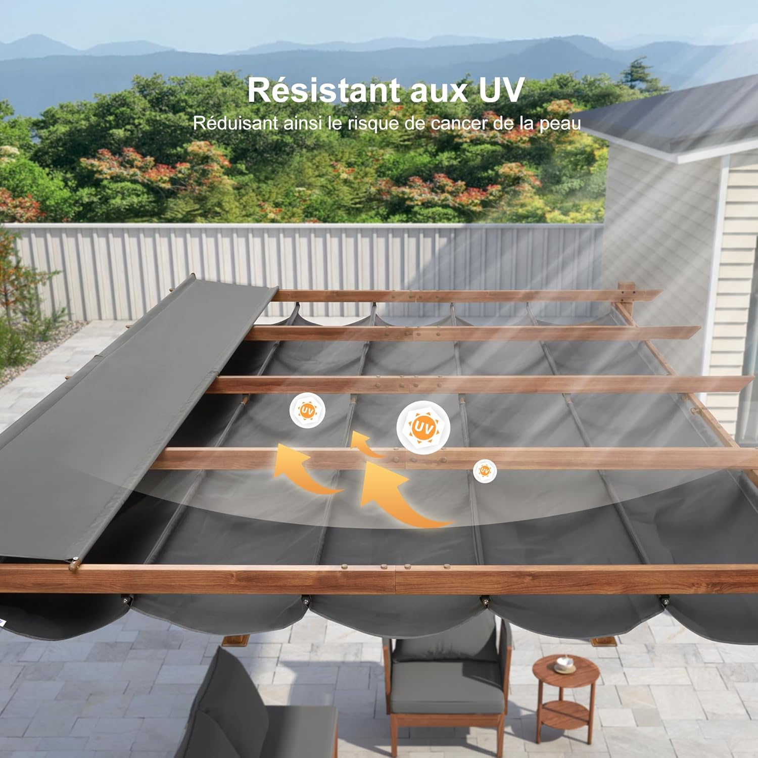 jardinito - Pergola aluminium - 4x3m - toile rétractable, teck, imperméable
