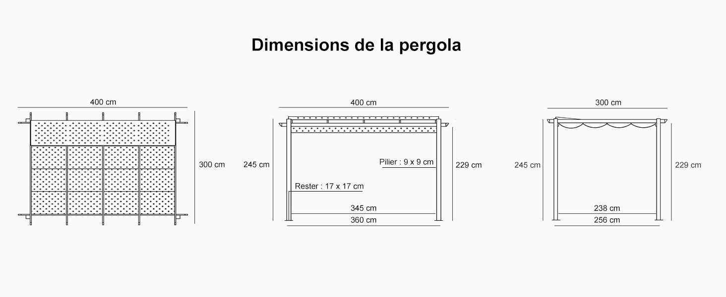 Plan technique montrant les dimensions d'une structure de pergola à partir de trois vues : avant, latérale et supérieure