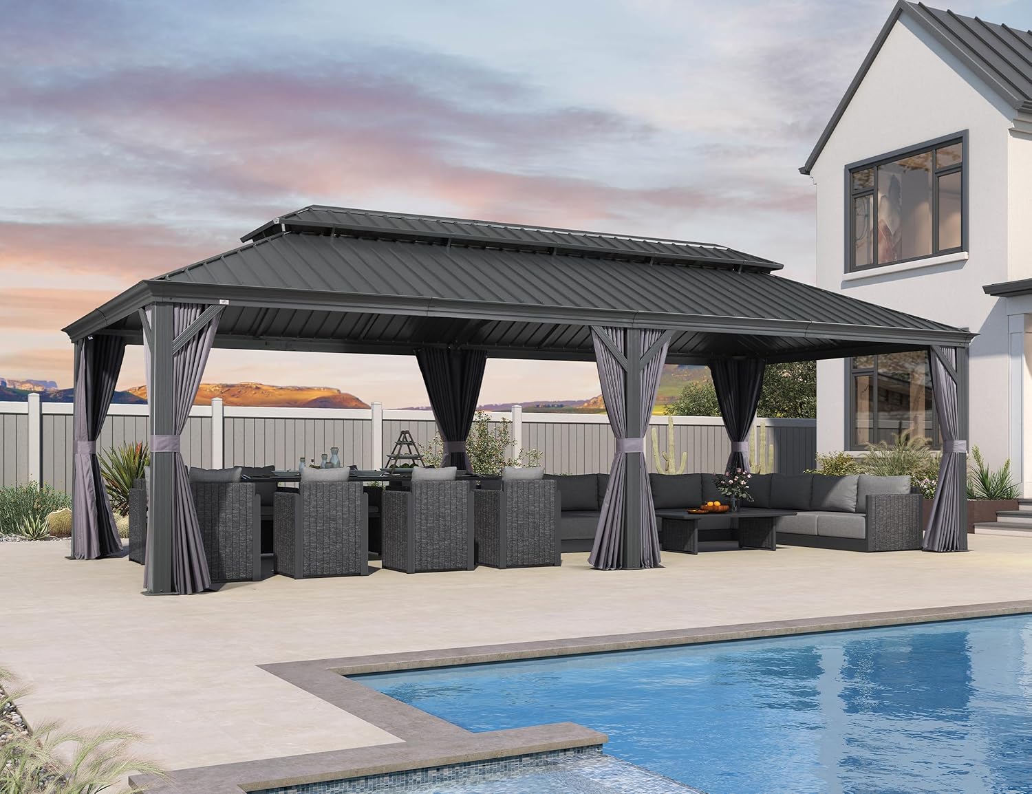 jardinito - tonnelle extérieure - 8,5x4,25m - toit acier, rideaux, moustiquaire