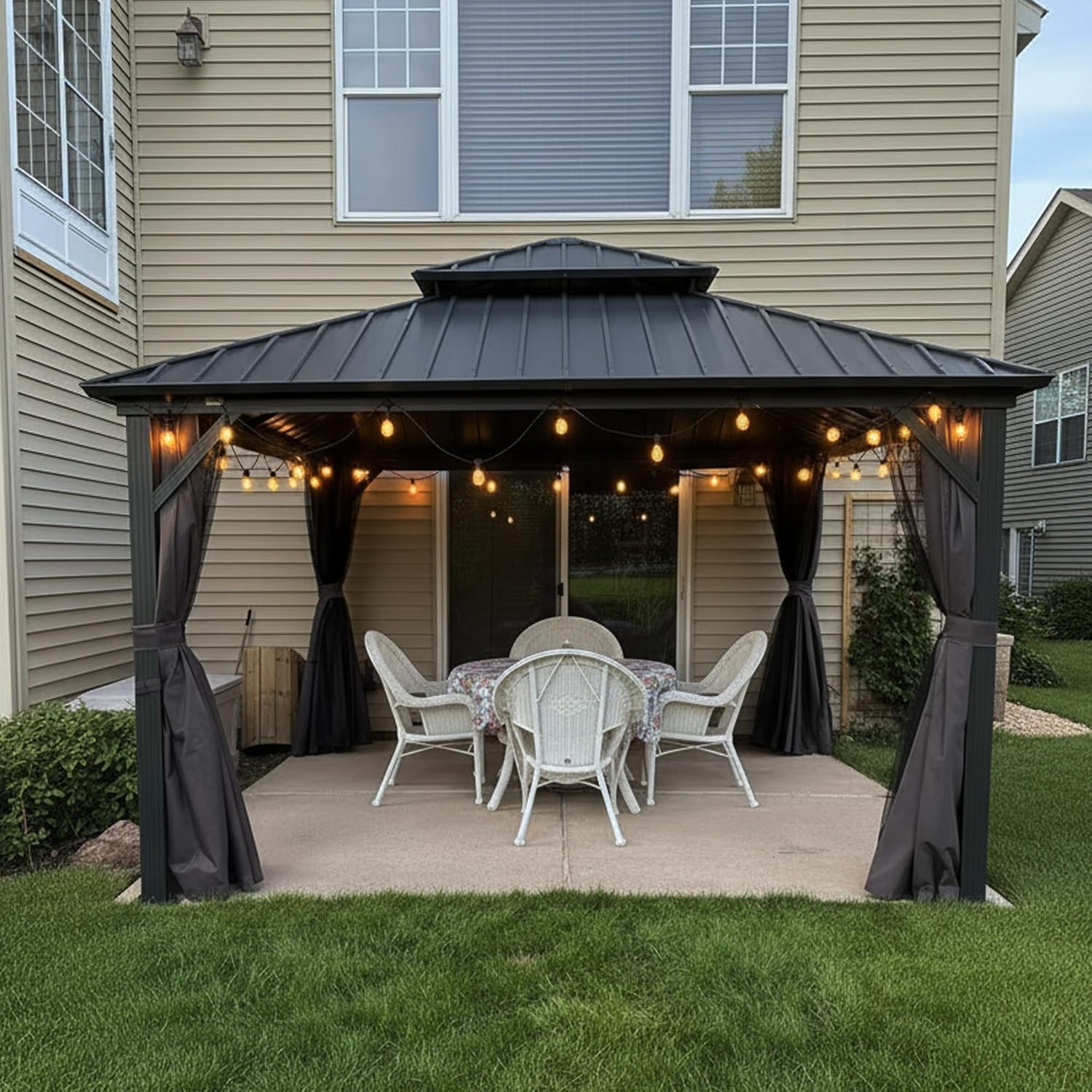 jardinito Tonnelle de Jardin Extérieur 3,65 x 3,65 m avec Guirlande Lumineuse, Pavillon Aluminium à Double Toit en Acier Galvanisé, Pergola Jardin Extérieur avec Rideaux pour Fête, Barbecue, Gris