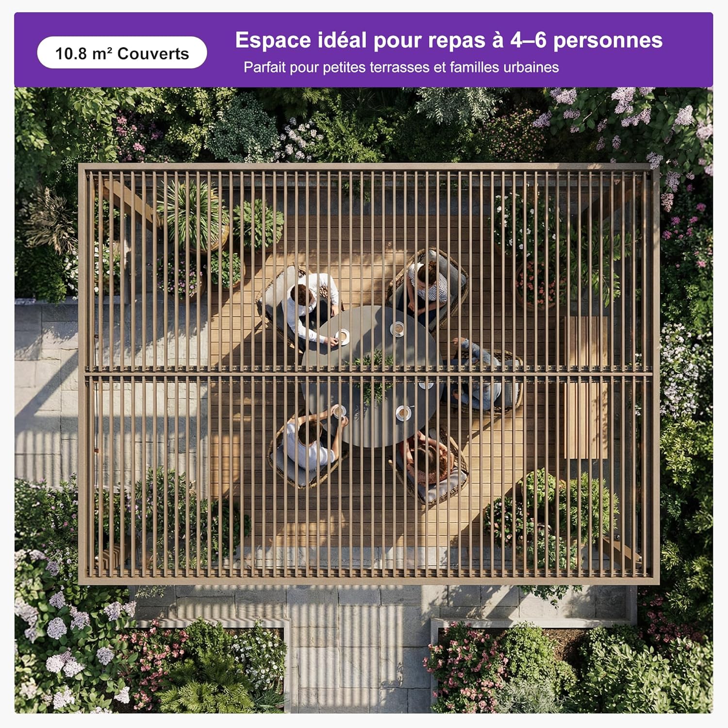 jardinito - Pergola bioclimatique - 3x3,65m - LED, alu, lames orientables, étanche, anti-UV