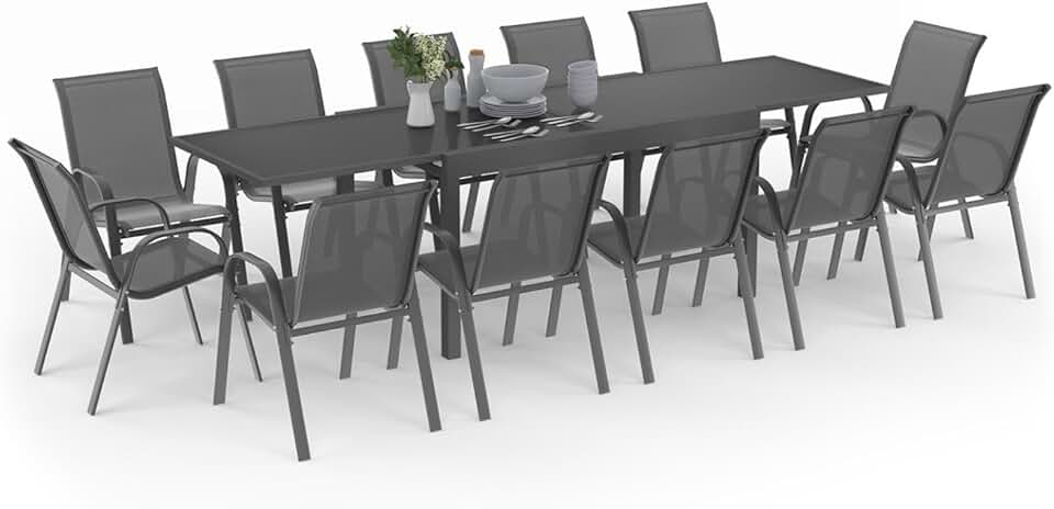 jardinito - Madrid série - table 135-270 cm et 12 chaises empilables - gris anthracite