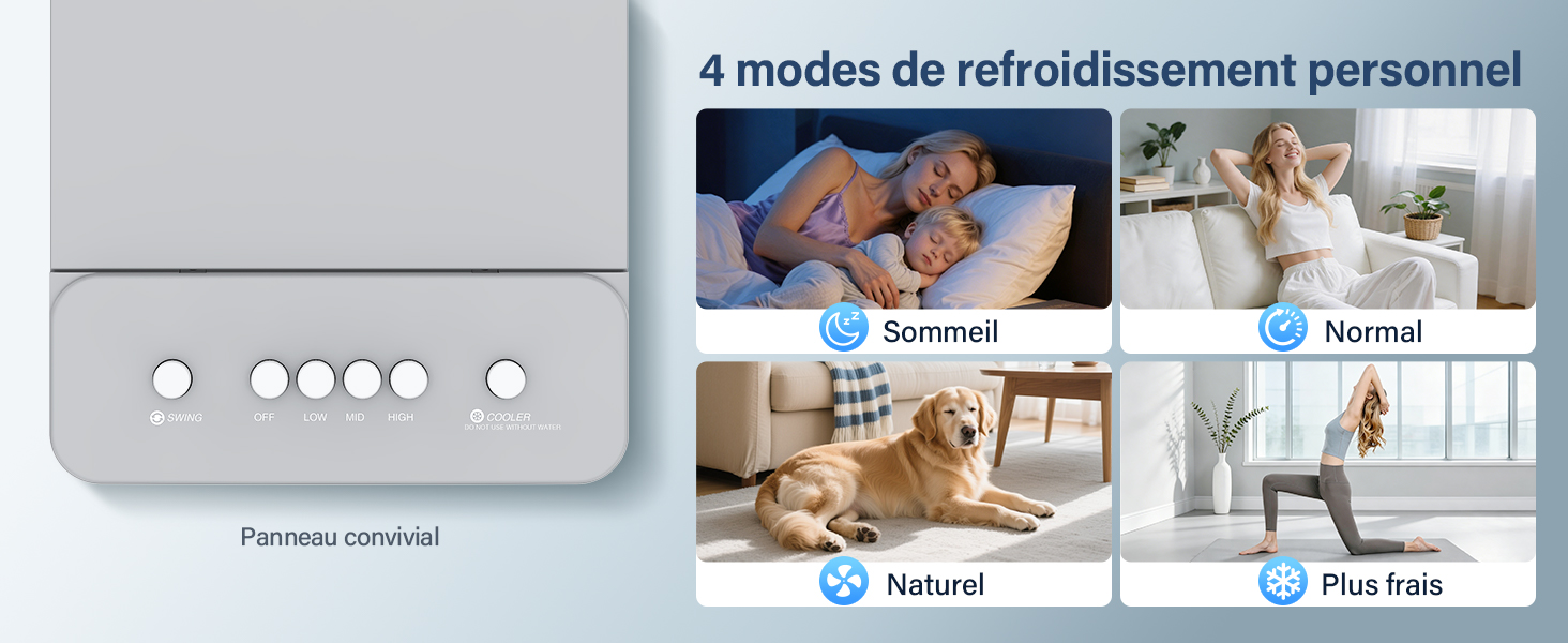 Le texte indique « 4 modes de refroidissement personnel » avec des étiquettes de mode : « Sommeil », « Normal », « Naturel », « Plus froid ». Panneau de commande gris avec boutons circulaires et interface de sélection de mode affichée.