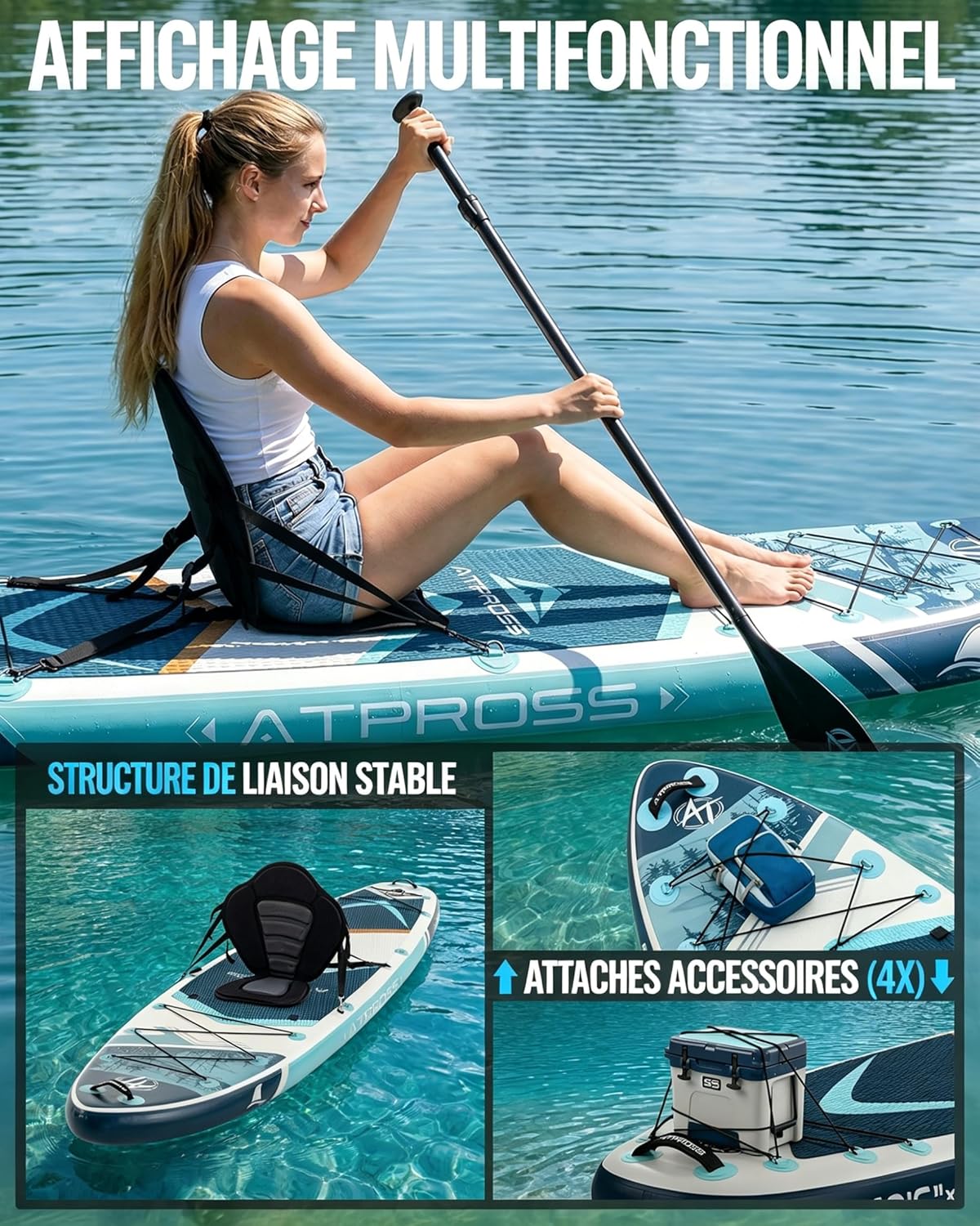 Stand Up Paddle Gonflable Adulte avec Siège Kayak & Accessoires, 320x84cm Planche de Sup Extra Large pour 2 Personnes, Charge 200kg, Kayak Gonflable 2 Places Stable et Antidérapant pour Surf