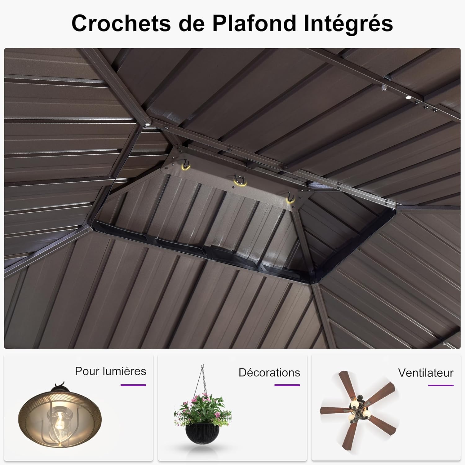 jardinito - pergola double toit rigide 6x3,65m, aluminium, guirlande, rideaux