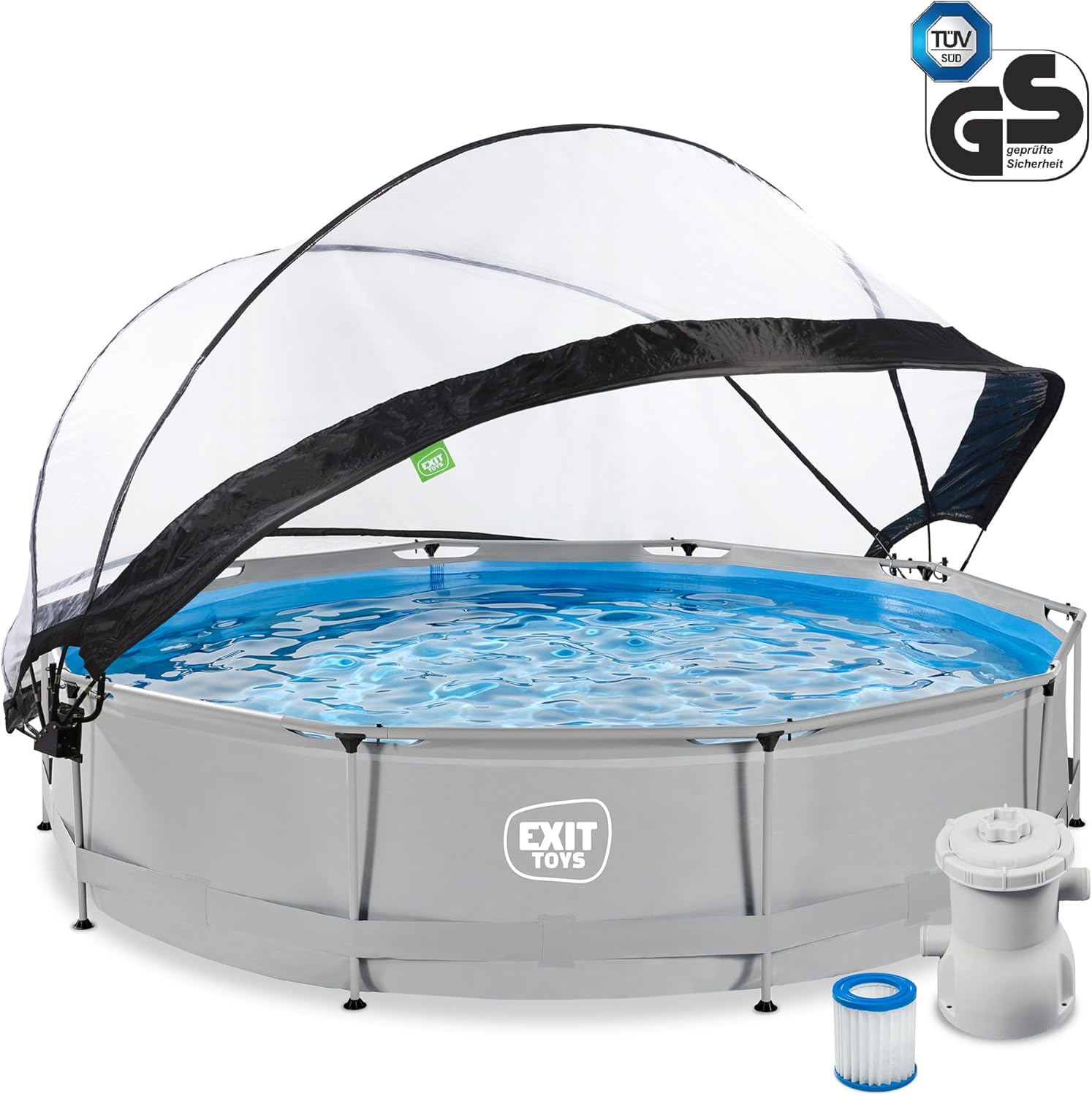 jardinito Piscine Tubulaire Soft Grey avec Dôme Multifonctionnel - ø360x76cm - Piscine Hors Sol Ronde avec Pompe Filtrante à Cartouche - Entrée Basse - Pour l'Eau de la Piscine Propre et Chaude - Gris