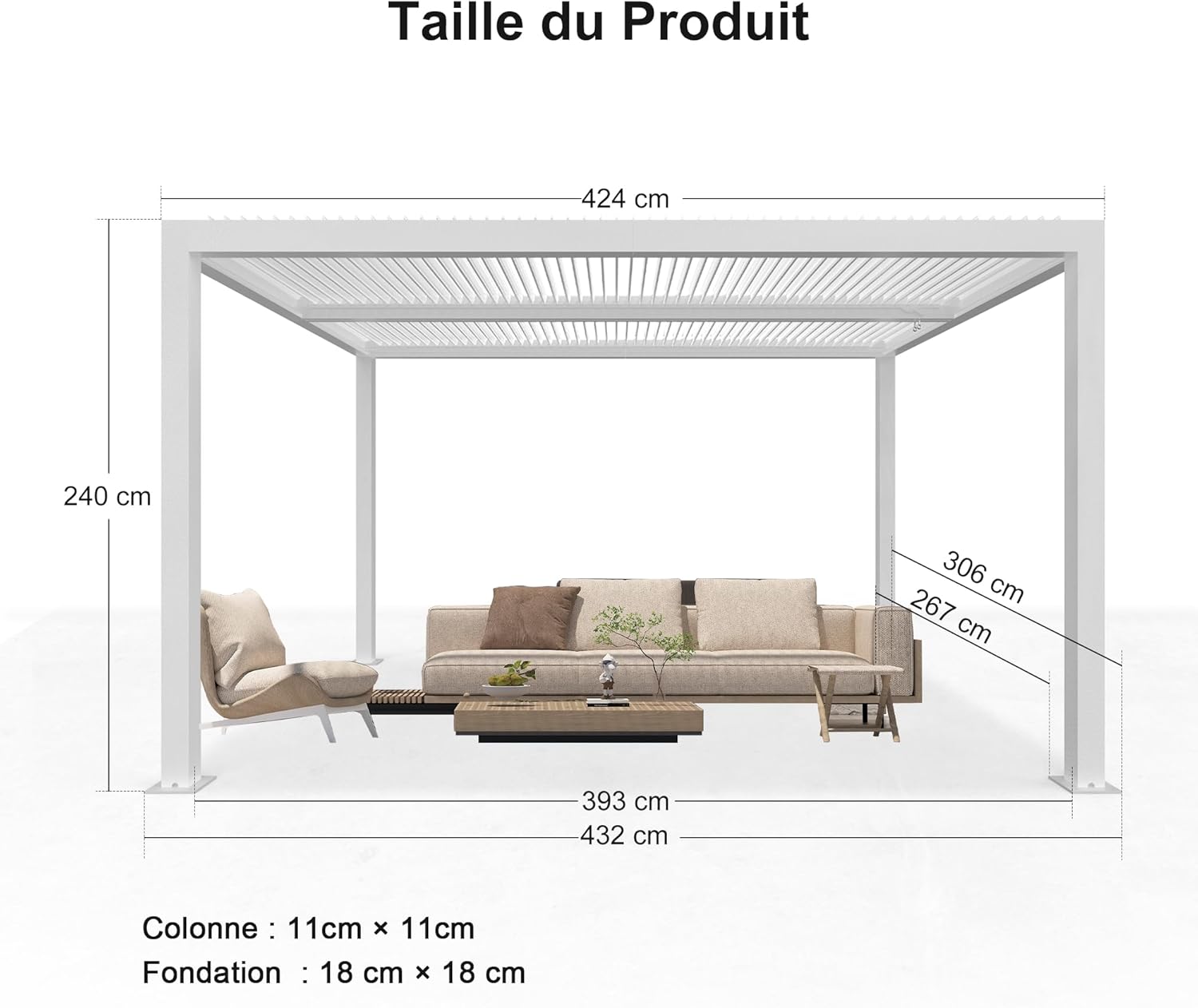 jardinito - Pergola Bioclimatique - 4,24x3m - Aluminium, lames orientables, blanc