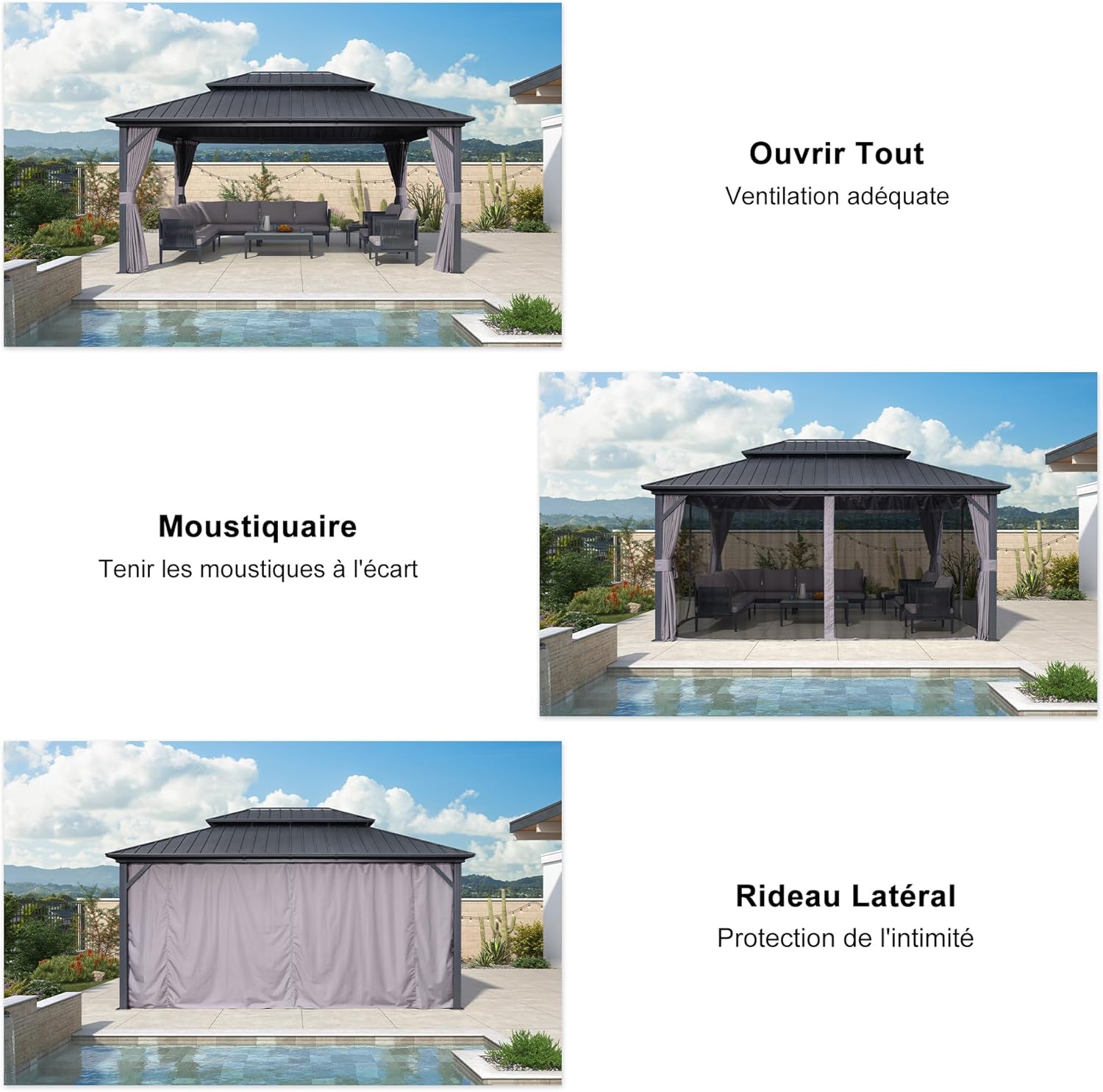 jardinito - pergola série double toit - 4,85x3,65 m - alu acier, rideaux, moustiquaire