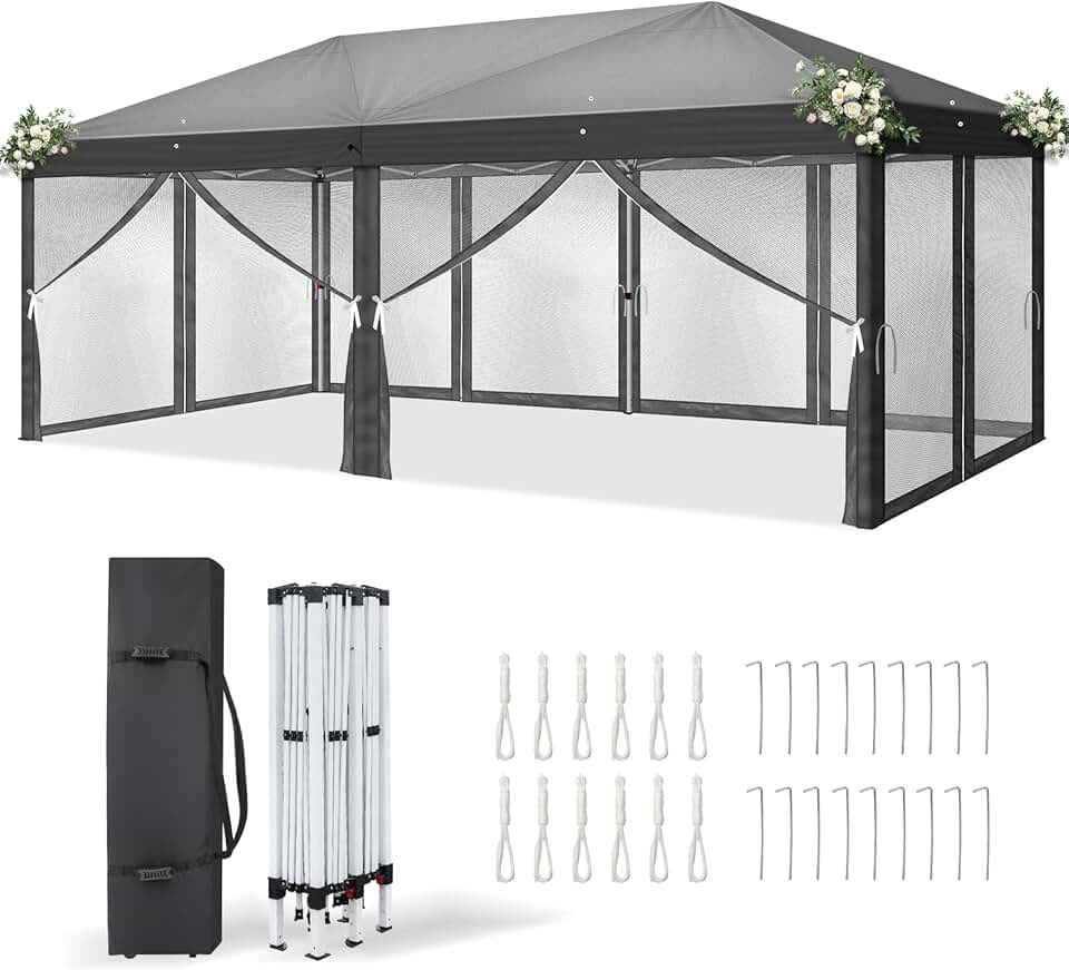 jardinito Tonnelle Pliable 3x6 m Imperméable Anti-UV 50+, Hauteur Ajustable avec 6 Moustiquaires, Structure Stable, pour Jardin, Terrasse, Camping Et Usage Professionnel,Anthracite