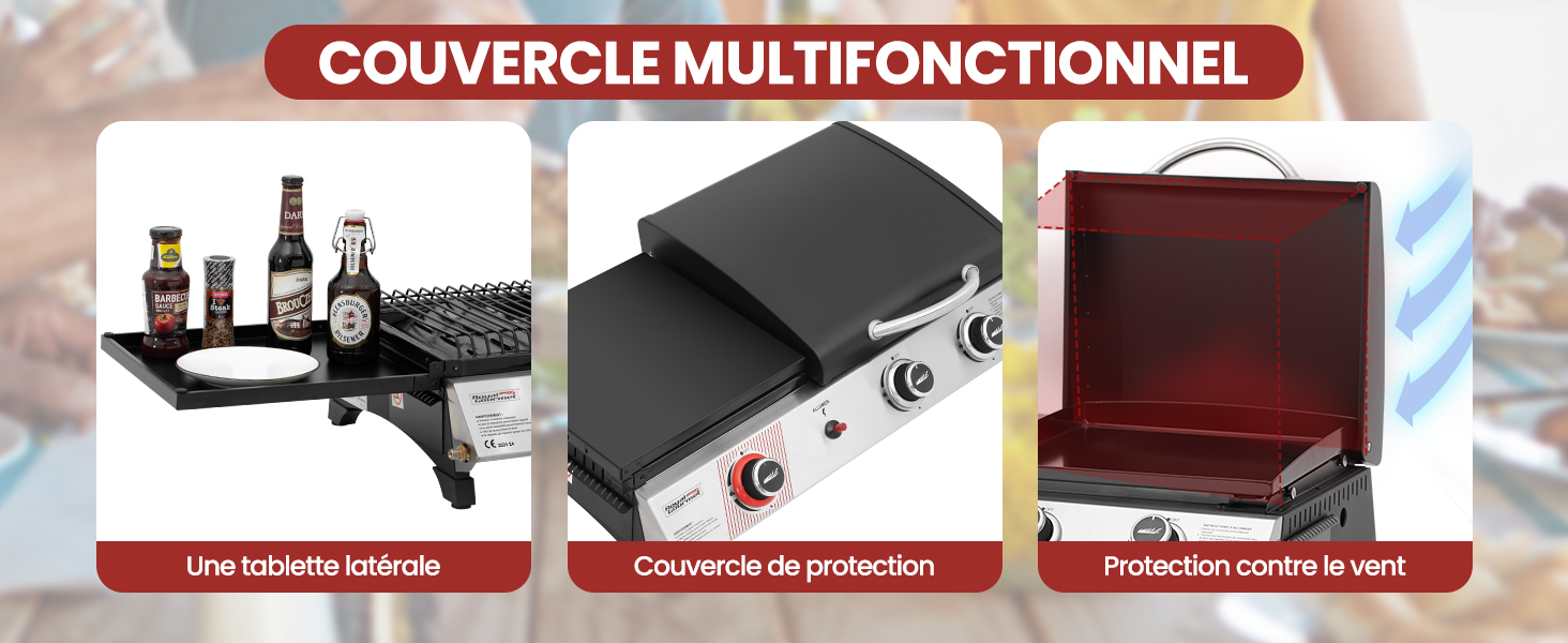 dotée de trois modes : plateau de service rotatif pour les bouteilles, housse de protection avec orifices d'aération réglables et écran de protection contre le vent bordeaux