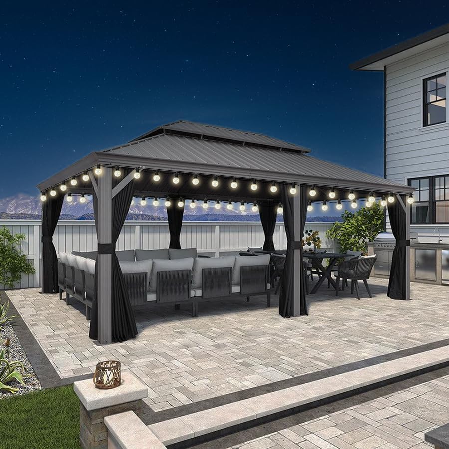 jardinito - pergola double toit - 4,25x6m - alu, rideaux, moustiquaire, guirlande