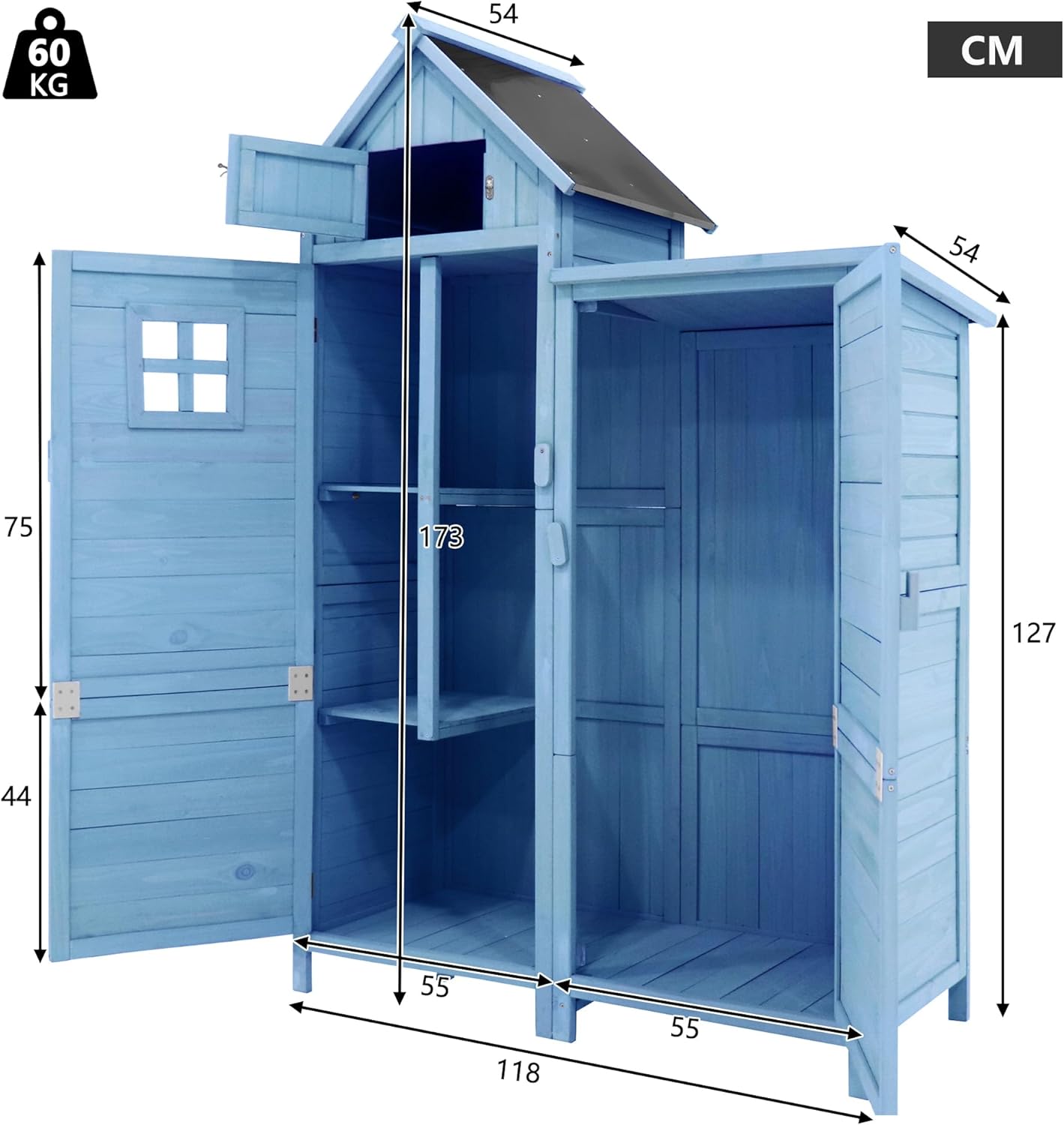 Abri de Jardin en Bois, Cabane de Jardin avec Toit en PVC incliné à loquet, Coffre de Jardin avec Fondation et 2 étagères de Rangement, Armoire Outils de Jardinage, 118x54x173cm Bleu