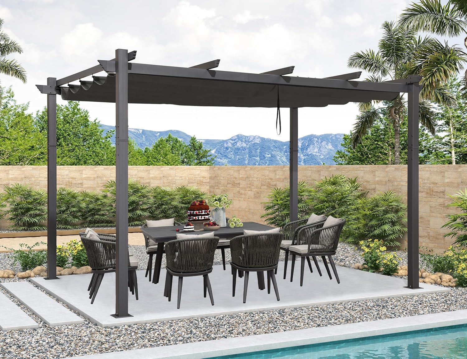 jardinito - pergola aluminium - 4x3m - toit coulissant, tissu teint