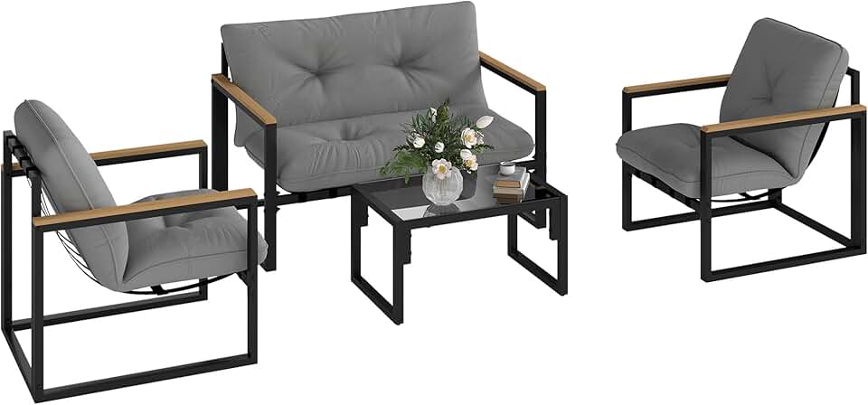 jardinito - Salon de jardin 4 places - canapé, 2 fauteuils, table en verre, coussins inclus, gris
