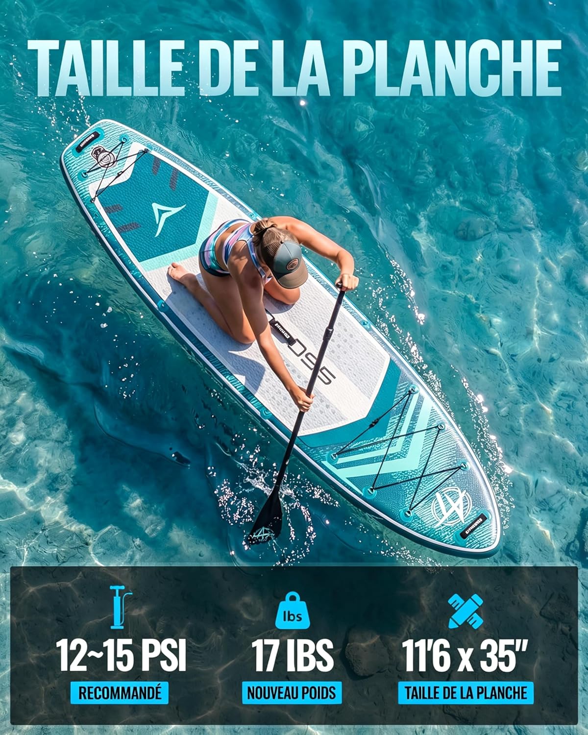 Planche à pagaie gonflable - extra large 350x89x15cm, 200kg, kit accessoires