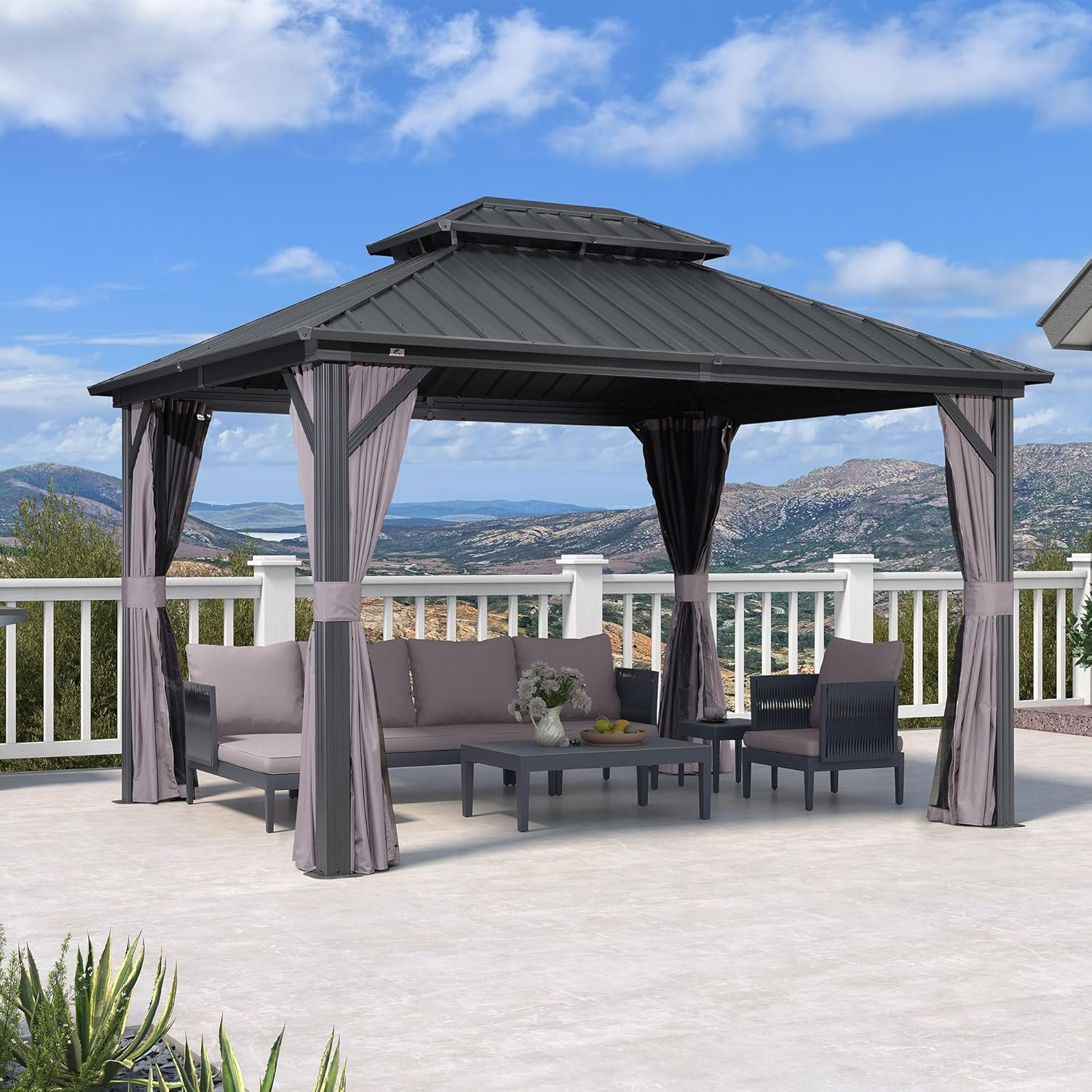jardinito - Pergola aluminium double toit 3,65x3m rideaux moustiquaire