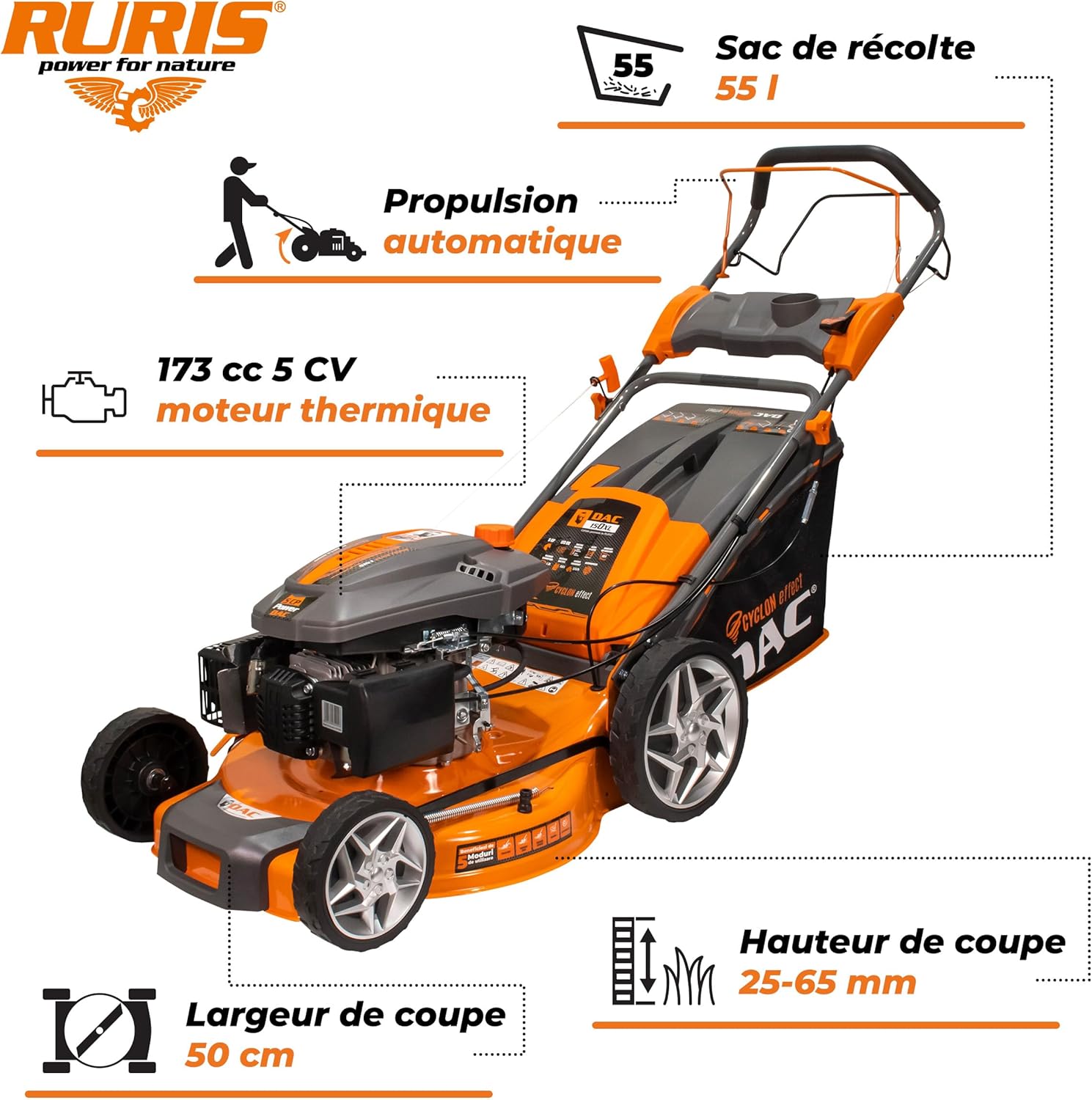 Ruris - tondeuse thermique 502mm 5CV sac 55L autopropulsée DAC150XL