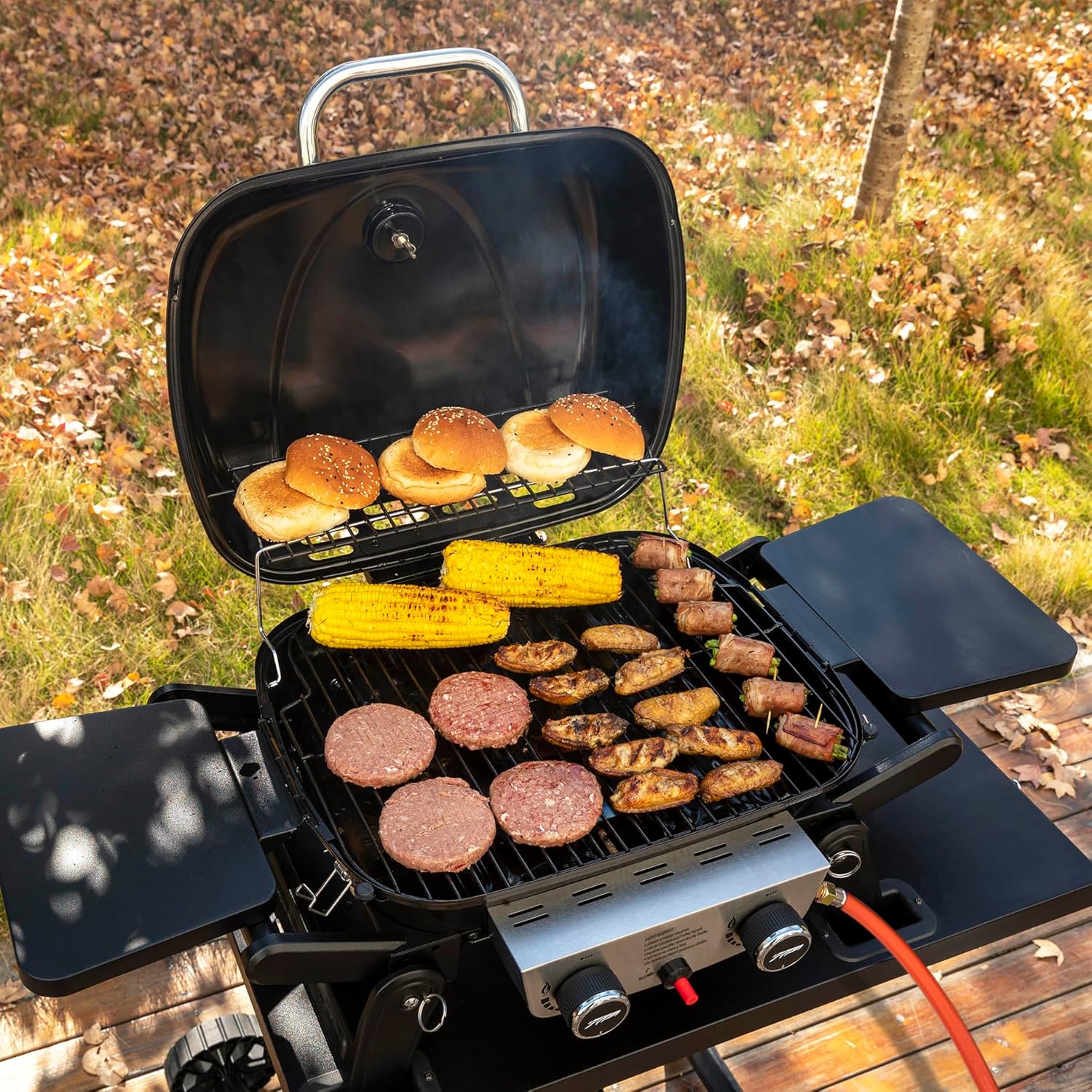 jardinito - Barbecue Gaz 2 brûleurs - 48x37 cm - tables pliables, 5kW